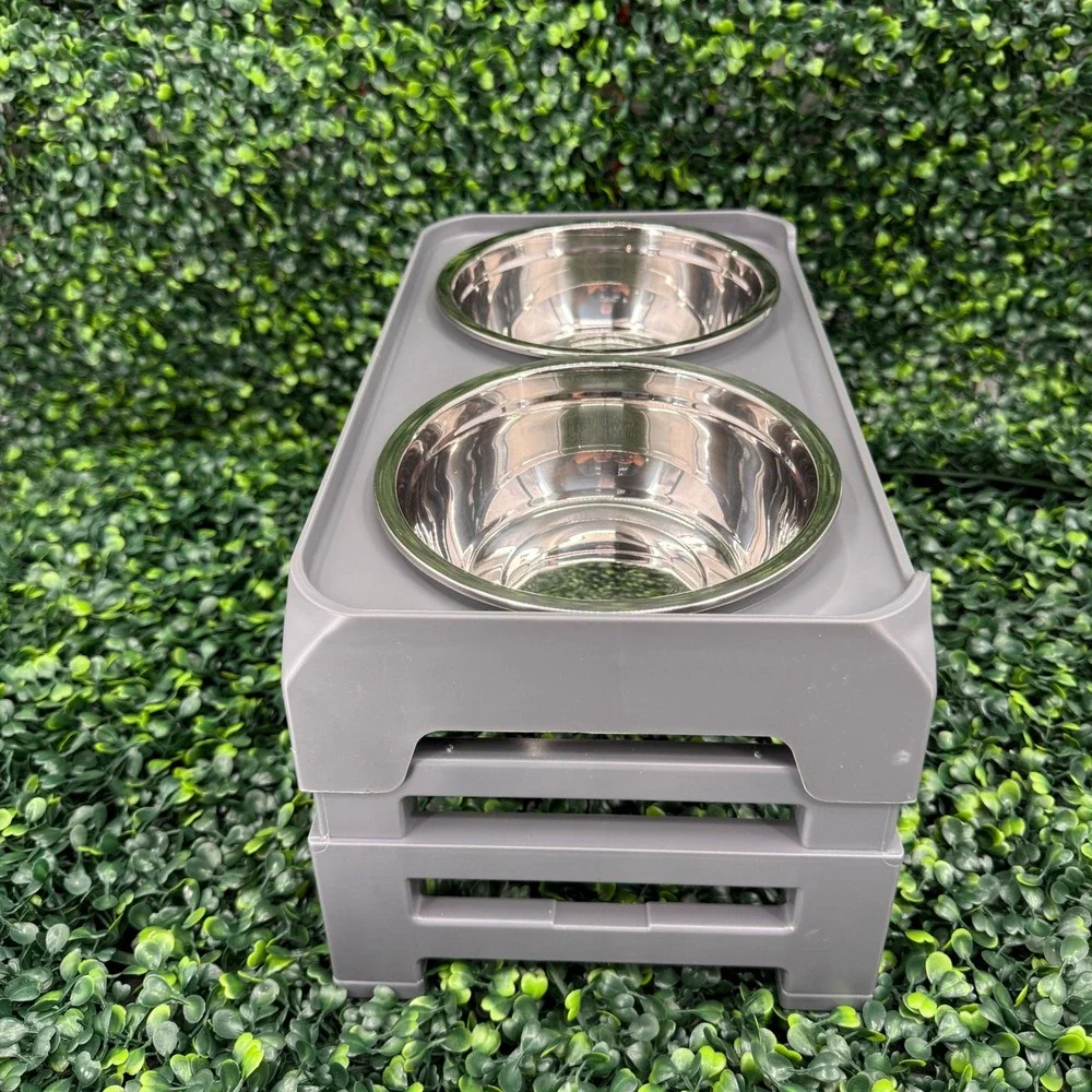 Adjustable Elevated Dog Bowls Gray Stand with 2 Stainless Steel Bowls 3 Heights